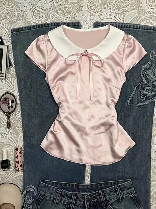 Ladies' Peter Pan Collar Short Sleeve Tie-Front T-Shirt | Solid Color, All-Season, Lace-Up Detail