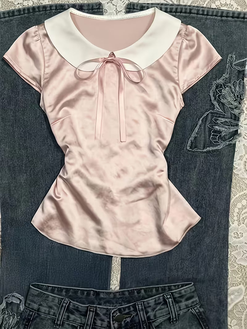 Ladies' Peter Pan Collar Short Sleeve Tie-Front T-Shirt | Solid Color, All-Season, Lace-Up Detail