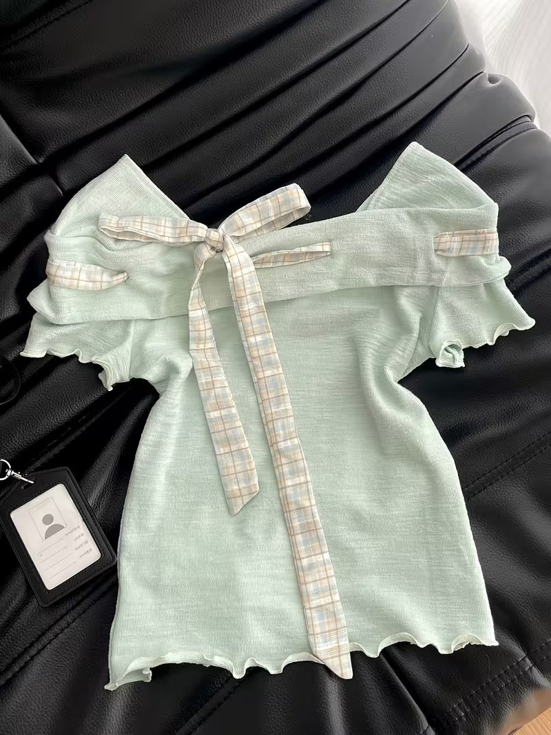 Spot Quality Korean Gentle Style Mobile Tie-Up Square Neck Short-Sleeved Top Women'S Summer New Design Sense Fungus Edge Slim Fit Versatile T-Shirt Breathable Thin Short Soft Fashion Temperament Ladies T-Shirt