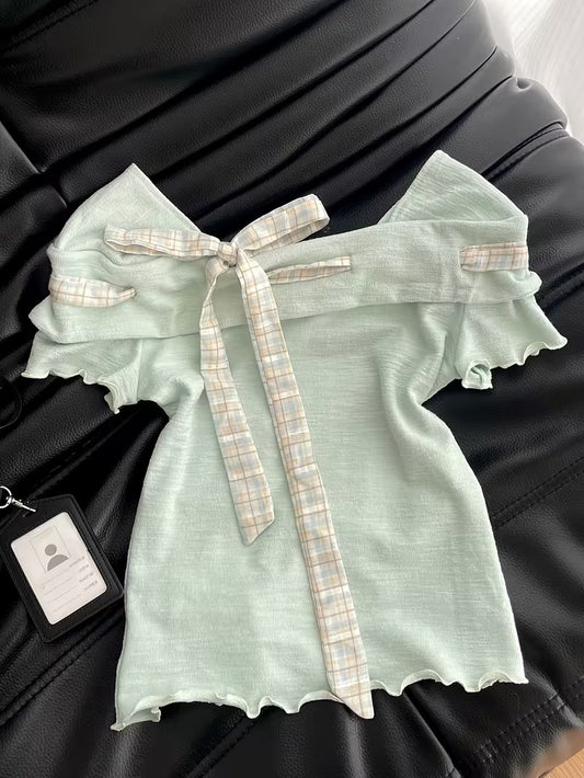 Spot Quality Korean Gentle Style Mobile Tie-Up Square Neck Short-Sleeved Top Women'S Summer New Design Sense Fungus Edge Slim Fit Versatile T-Shirt Breathable Thin Short Soft Fashion Temperament Ladies T-Shirt