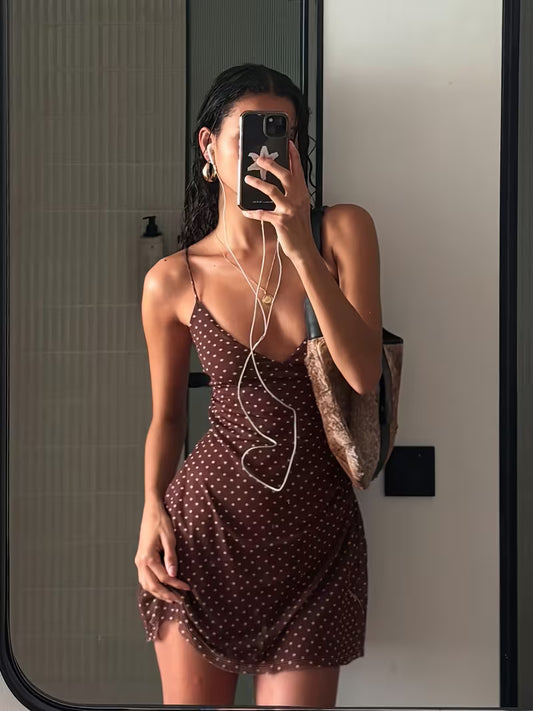 Rapcopter Polka Dot V-Neck Spaghetti Suspender Dress with Mesh A-Line Hem, Backless Tie-Up, Sexy Street Style Beach Vacation Elegant Dress for Women, Summer Korean Special Edition
