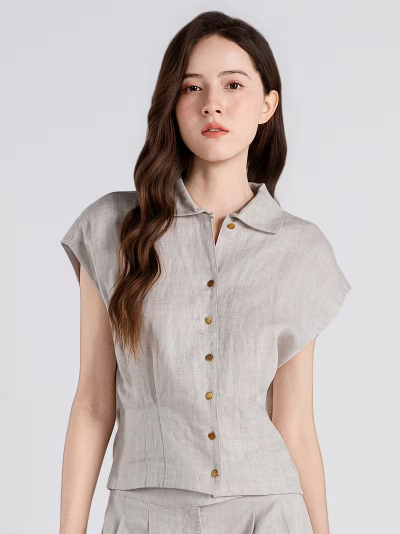 Luxury Linen Lyocell Women'S LP Shirt Pleated Waist Single Breasted Blouse Polo Collar Summer Shirts