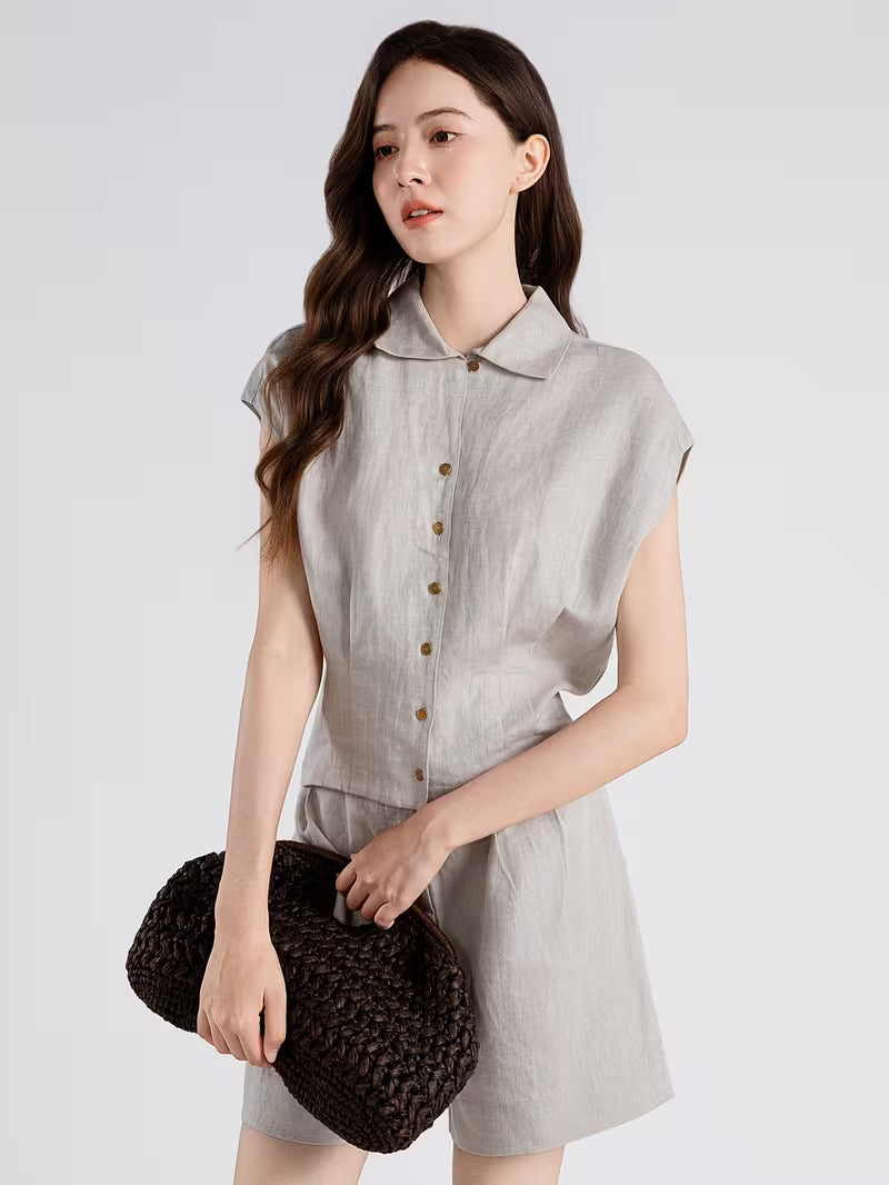 Luxury Linen Lyocell Women'S LP Shirt Pleated Waist Single Breasted Blouse Polo Collar Summer Shirts