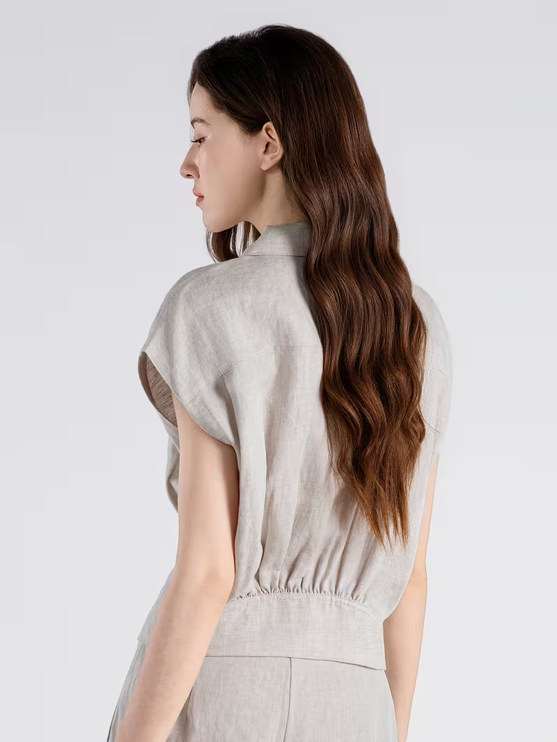 Luxury Linen Lyocell Women'S LP Shirt Pleated Waist Single Breasted Blouse Polo Collar Summer Shirts