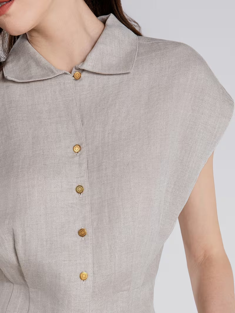 Luxury Linen Lyocell Women'S LP Shirt Pleated Waist Single Breasted Blouse Polo Collar Summer Shirts