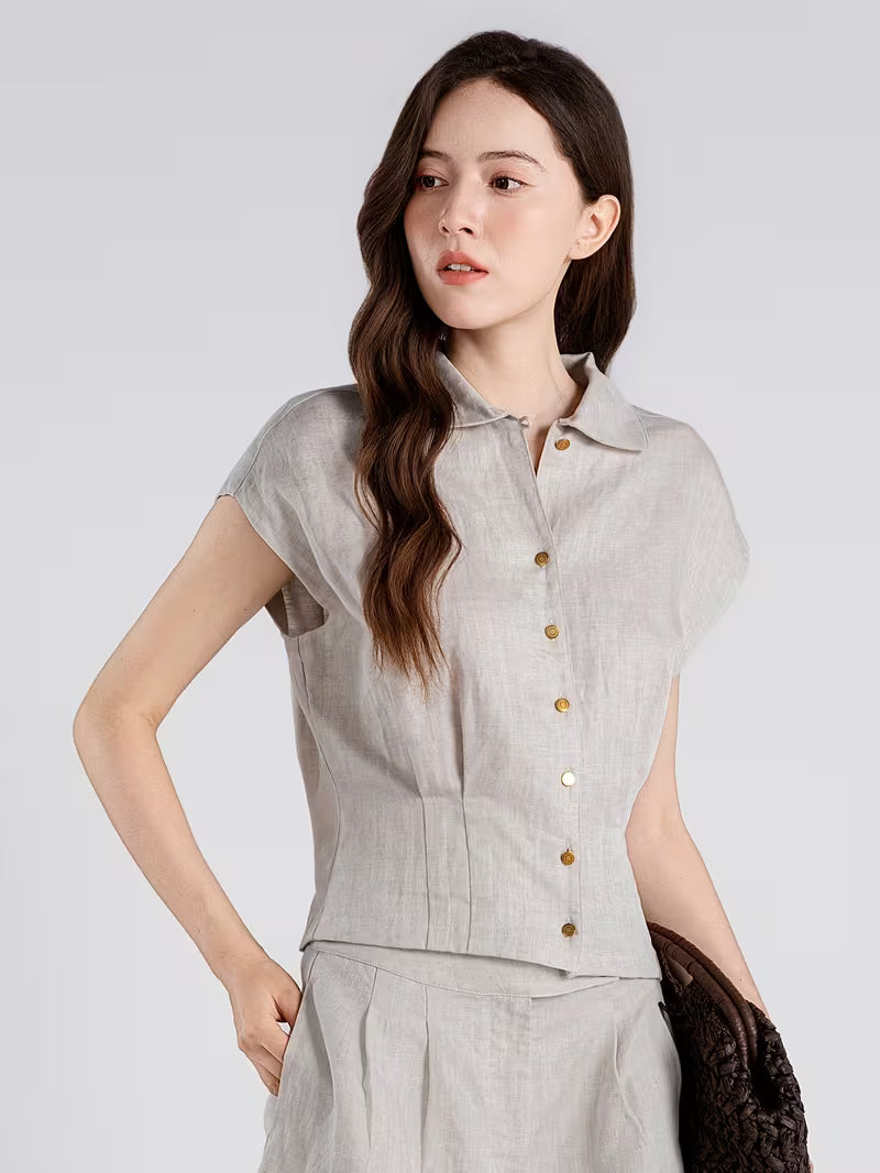 Luxury Linen Lyocell Women'S LP Shirt Pleated Waist Single Breasted Blouse Polo Collar Summer Shirts
