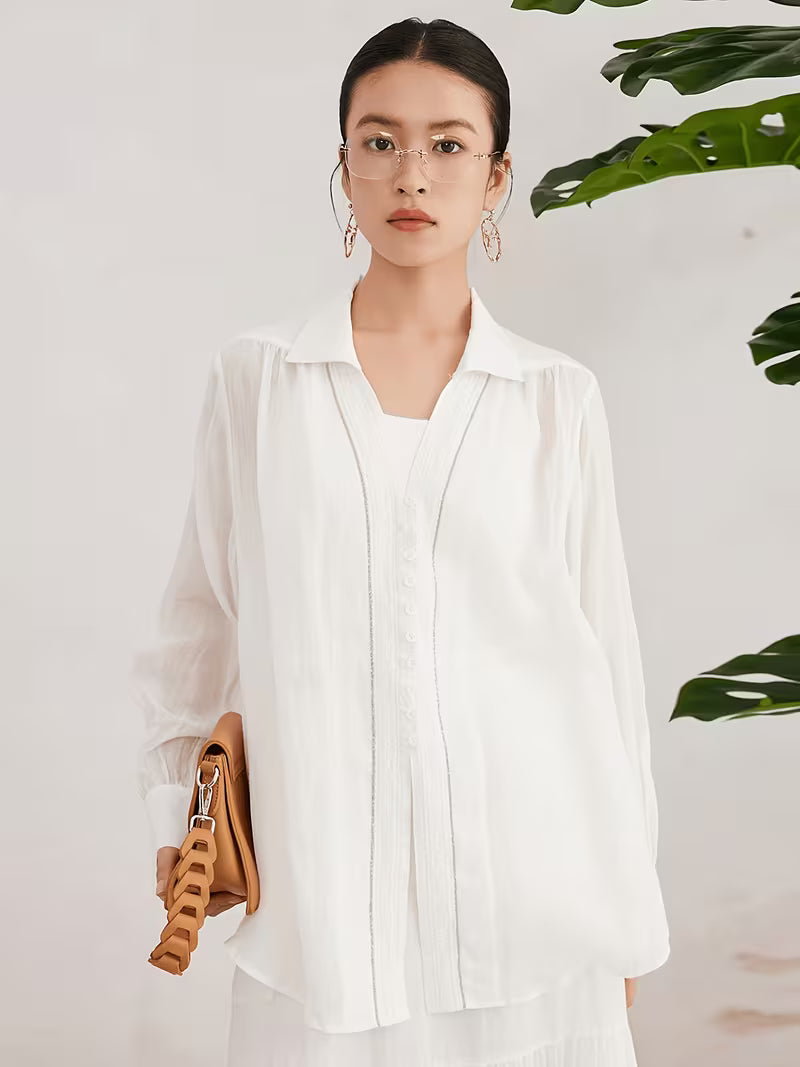 Women'S 100% Ramie Long Sleeve Shirt, Casual Blouse with Oversized Relaxed Fit And Notch Collar, Soft And Breathable Fabric Ideal for Daily Wear in Spring And Summer, Comfortable Loose Top Perfect for Weekend Brunch Or Travel