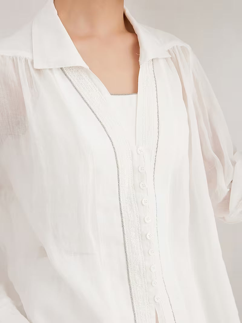 Women'S 100% Ramie Long Sleeve Shirt, Casual Blouse with Oversized Relaxed Fit And Notch Collar, Soft And Breathable Fabric Ideal for Daily Wear in Spring And Summer, Comfortable Loose Top Perfect for Weekend Brunch Or Travel