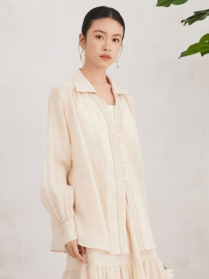 Women'S 100% Ramie Long Sleeve Shirt, Casual Blouse with Oversized Relaxed Fit And Notch Collar, Soft And Breathable Fabric Ideal for Daily Wear in Spring And Summer, Comfortable Loose Top Perfect for Weekend Brunch Or Travel