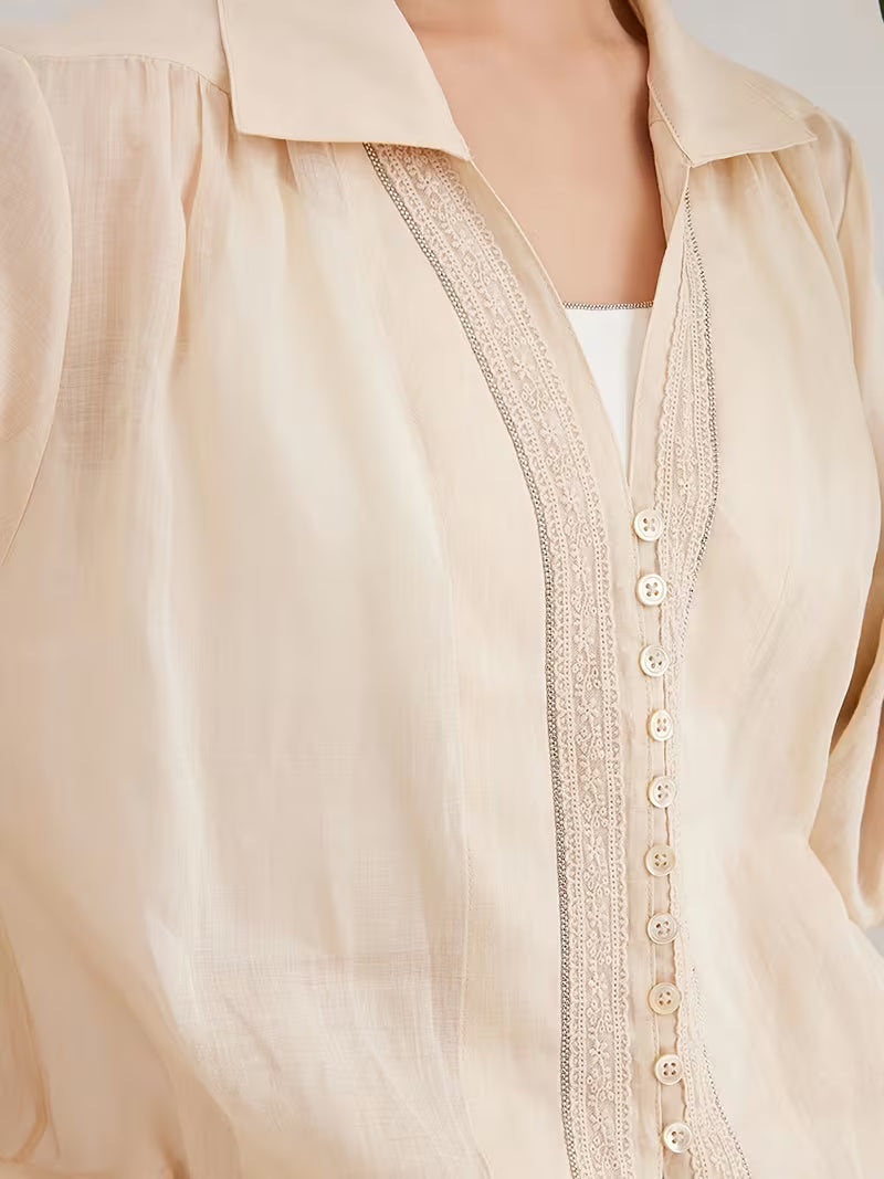 Women'S 100% Ramie Long Sleeve Shirt, Casual Blouse with Oversized Relaxed Fit And Notch Collar, Soft And Breathable Fabric Ideal for Daily Wear in Spring And Summer, Comfortable Loose Top Perfect for Weekend Brunch Or Travel