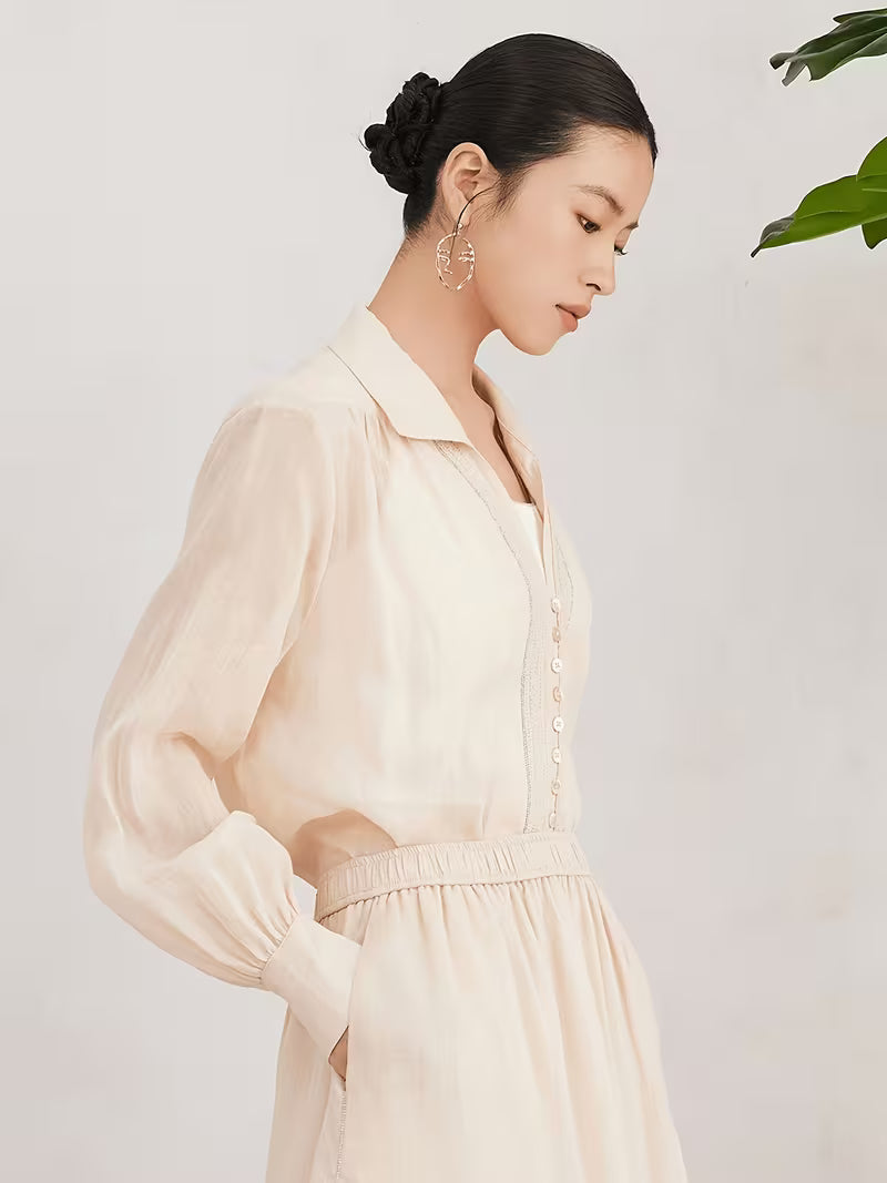 Women'S 100% Ramie Long Sleeve Shirt, Casual Blouse with Oversized Relaxed Fit And Notch Collar, Soft And Breathable Fabric Ideal for Daily Wear in Spring And Summer, Comfortable Loose Top Perfect for Weekend Brunch Or Travel