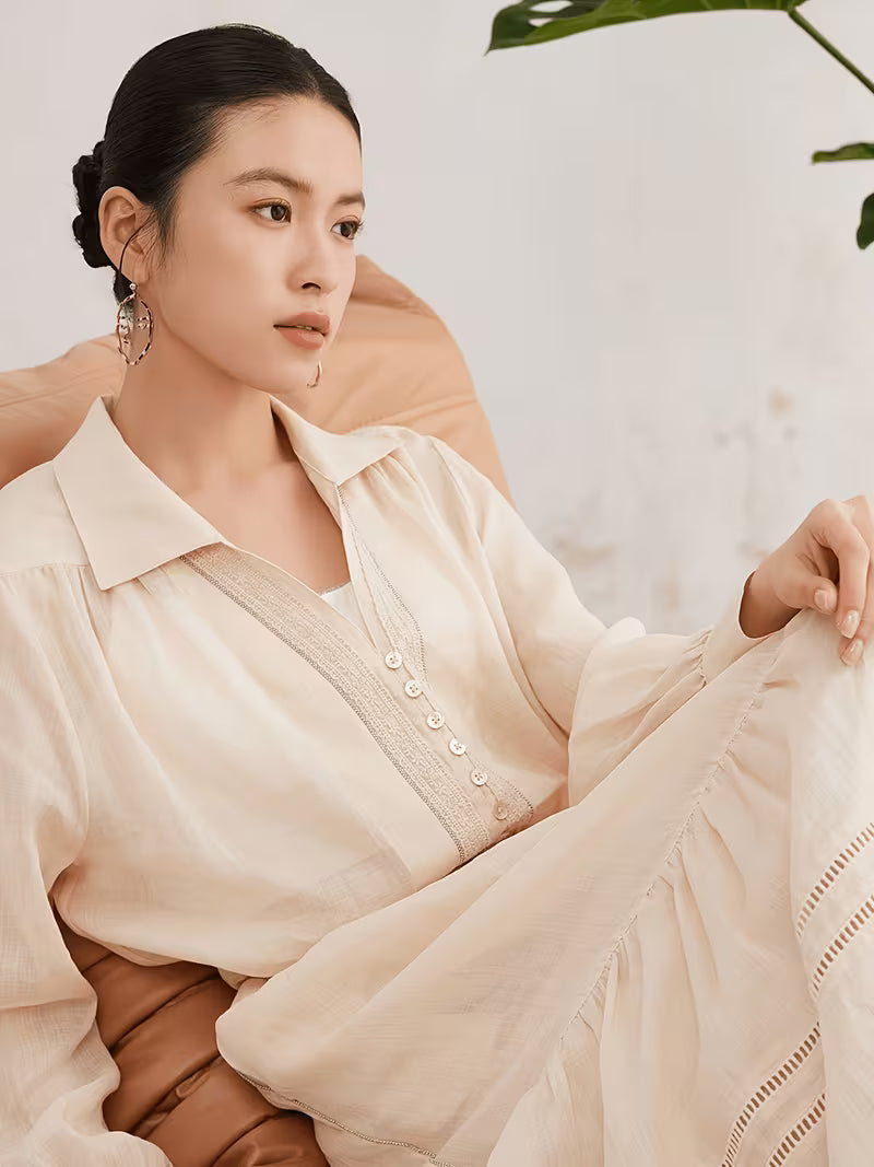 Women'S 100% Ramie Long Sleeve Shirt, Casual Blouse with Oversized Relaxed Fit And Notch Collar, Soft And Breathable Fabric Ideal for Daily Wear in Spring And Summer, Comfortable Loose Top Perfect for Weekend Brunch Or Travel