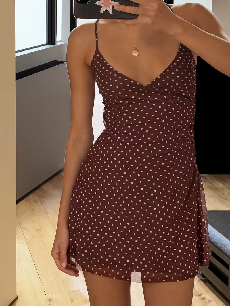 Rapcopter Polka Dot V-Neck Spaghetti Suspender Dress with Mesh A-Line Hem, Backless Tie-Up, Sexy Street Style Beach Vacation Elegant Dress for Women, Summer Korean Special Edition