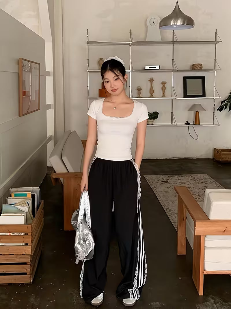 [Women's Lace Trim Pants] American Vintage Lace Trim Striped Casual Pants for Women - New Niche Design Loose Wide-Leg Trousers
