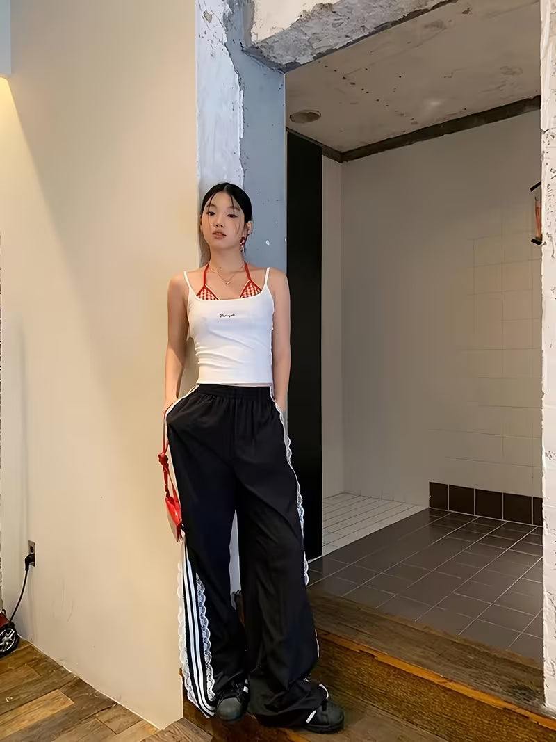 [Women's Lace Trim Pants] American Vintage Lace Trim Striped Casual Pants for Women - New Niche Design Loose Wide-Leg Trousers