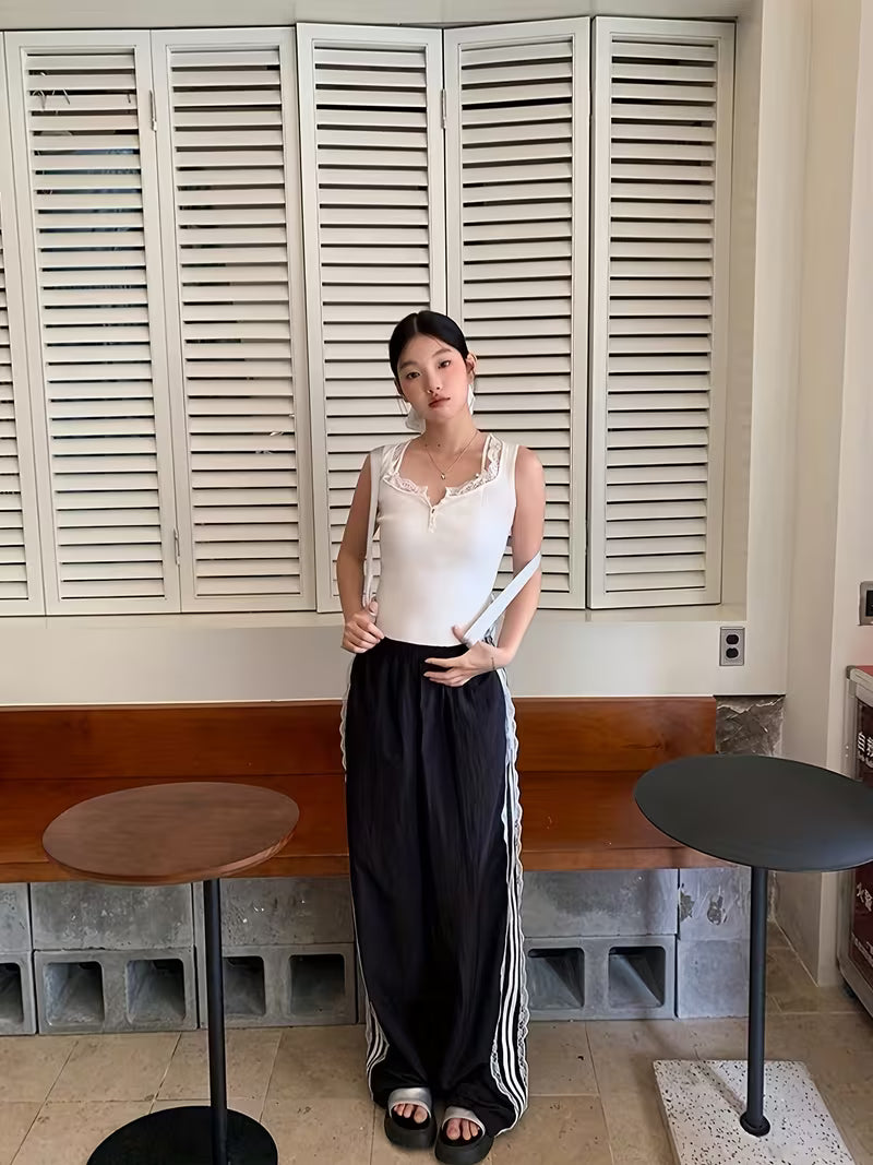[Women's Lace Trim Pants] American Vintage Lace Trim Striped Casual Pants for Women - New Niche Design Loose Wide-Leg Trousers