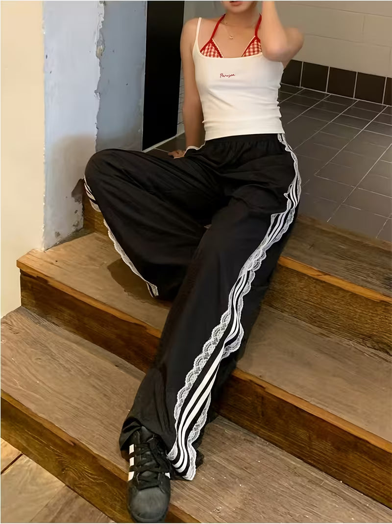 [Women's Lace Trim Pants] American Vintage Lace Trim Striped Casual Pants for Women - New Niche Design Loose Wide-Leg Trousers