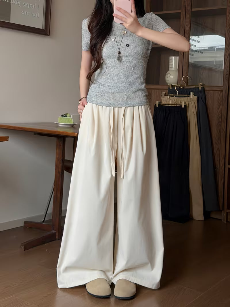 Women'S Versatile Solid Color Elastic Waist Drawstring Casual Loose Wide-Leg Pants