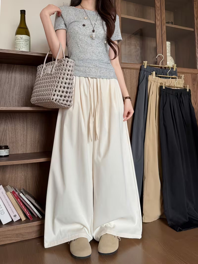 Women'S Versatile Solid Color Elastic Waist Drawstring Casual Loose Wide-Leg Pants