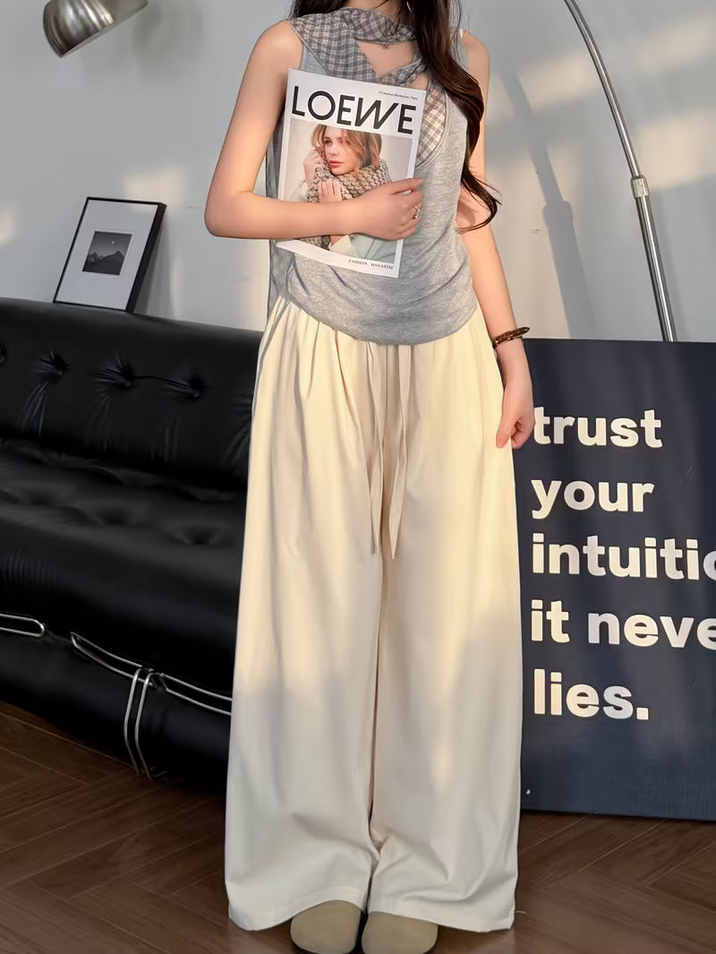 Women'S Versatile Solid Color Elastic Waist Drawstring Casual Loose Wide-Leg Pants