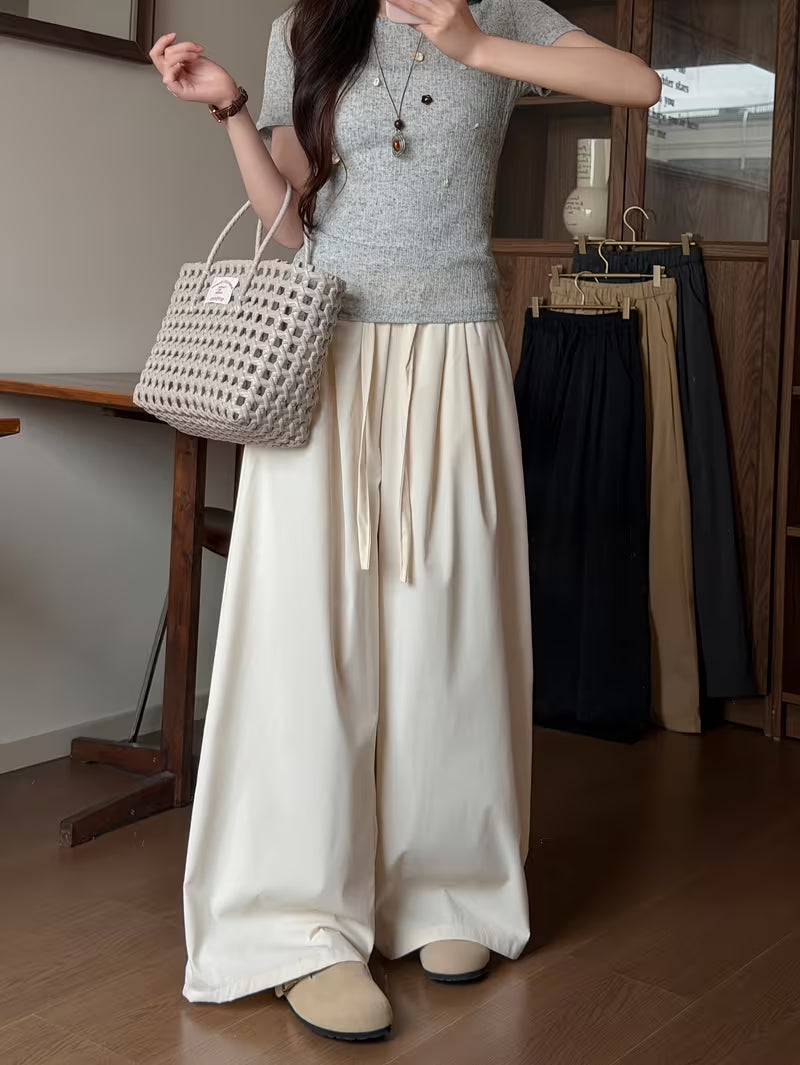 Women'S Versatile Solid Color Elastic Waist Drawstring Casual Loose Wide-Leg Pants