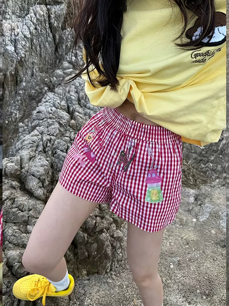 Women'S Summer Dopamine Creative Printed Plaid Shorts, Casual All-Match Beach Pants, Street Style Y2K Women'S Shorts
