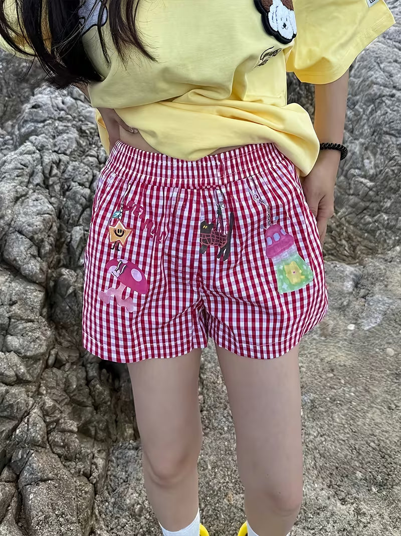 Women'S Summer Dopamine Creative Printed Plaid Shorts, Casual All-Match Beach Pants, Street Style Y2K Women'S Shorts