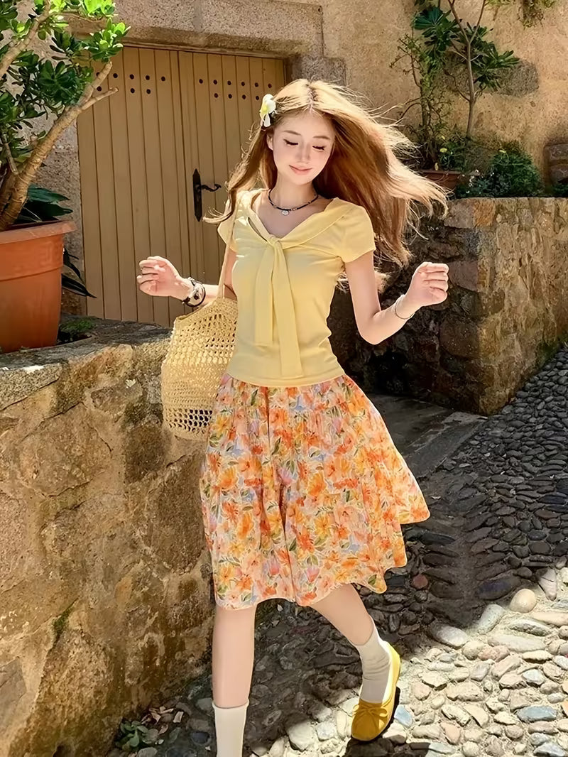 Orange Floral Midi Skirt with Big Pleats