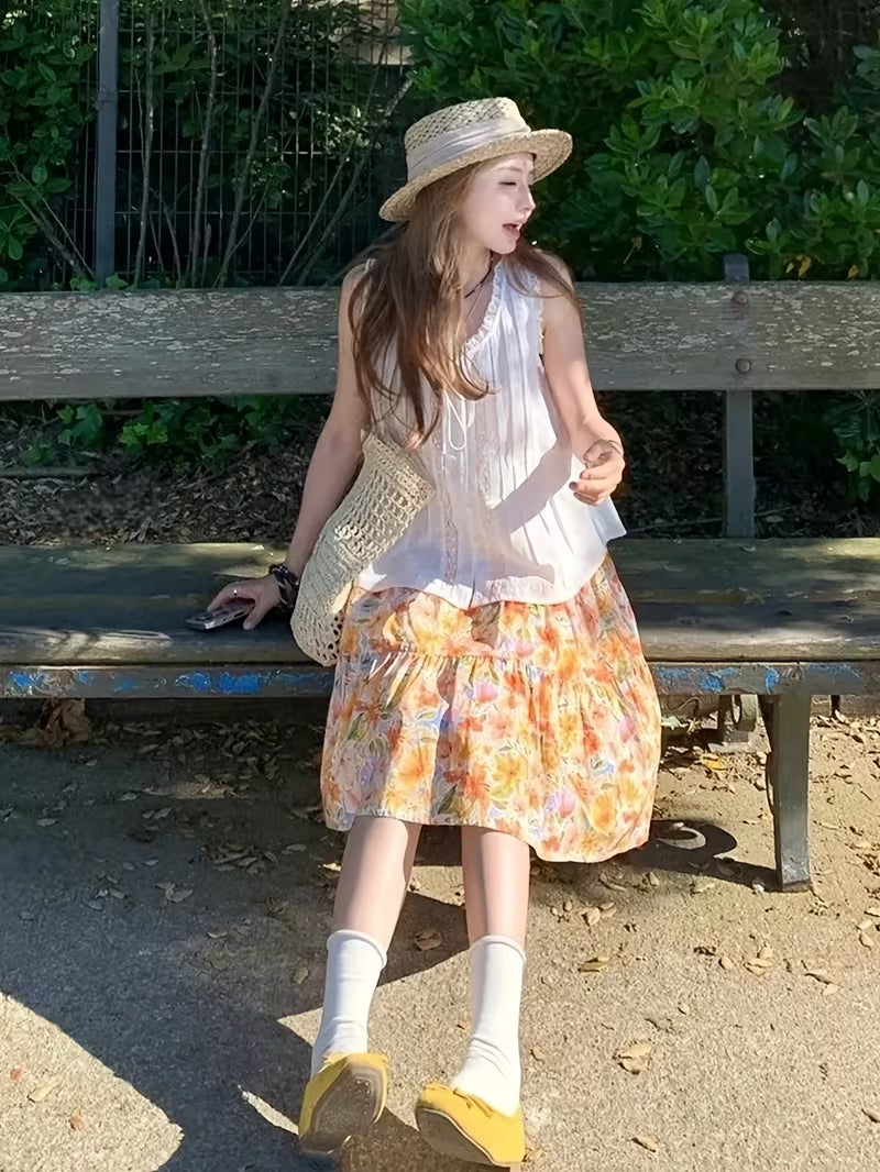 Orange Floral Midi Skirt with Big Pleats