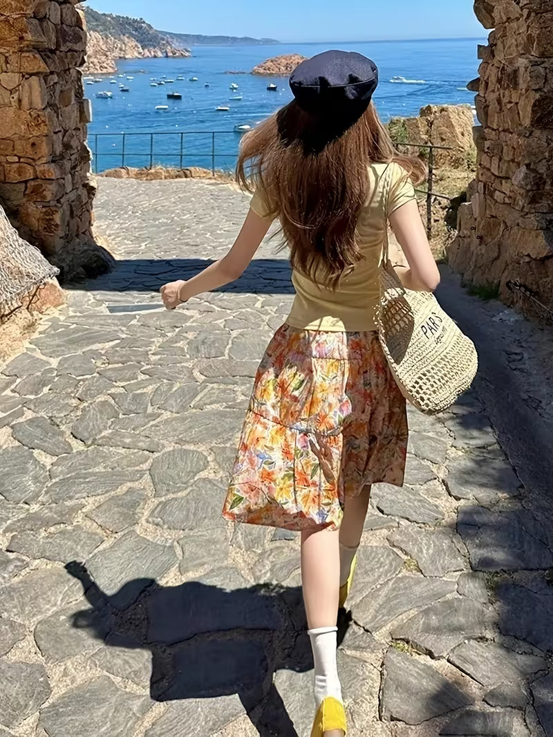 Orange Floral Midi Skirt with Big Pleats