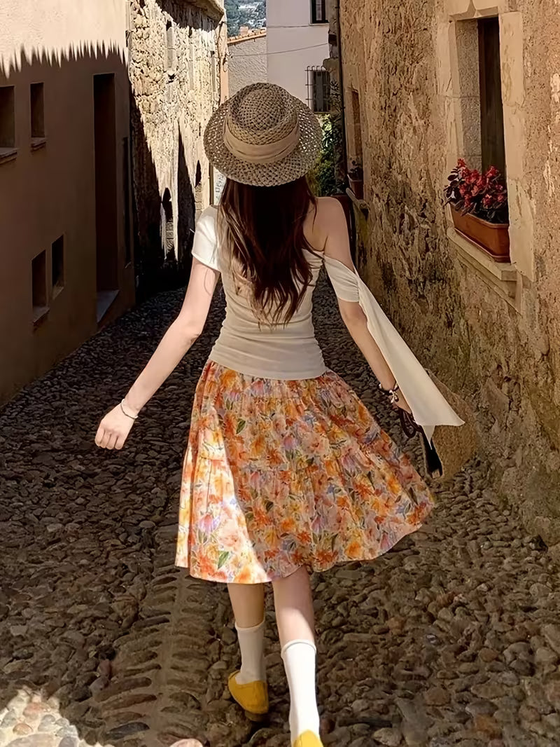 Orange Floral Midi Skirt with Big Pleats