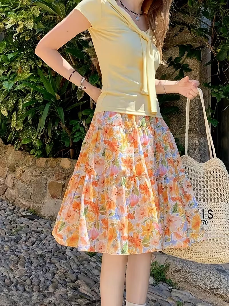 Orange Floral Midi Skirt with Big Pleats