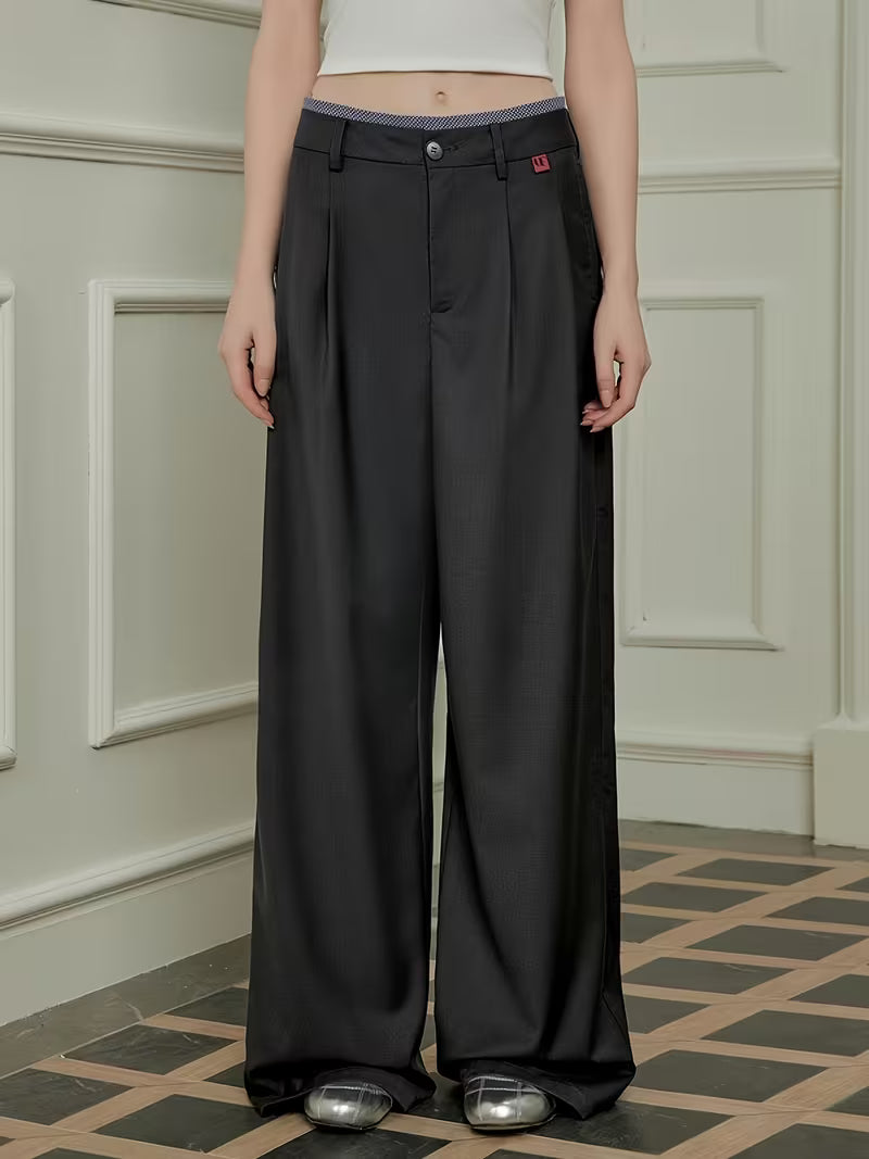 Casual Loose Fit Wide Leg Pants - Black, Button Fly, Pockets, Relaxed Style for Women, Casual Attire|Relaxed Fit Pants|Straight Leg Pants