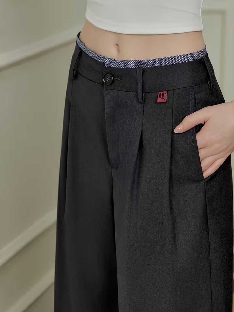 Casual Loose Fit Wide Leg Pants - Black, Button Fly, Pockets, Relaxed Style for Women, Casual Attire|Relaxed Fit Pants|Straight Leg Pants