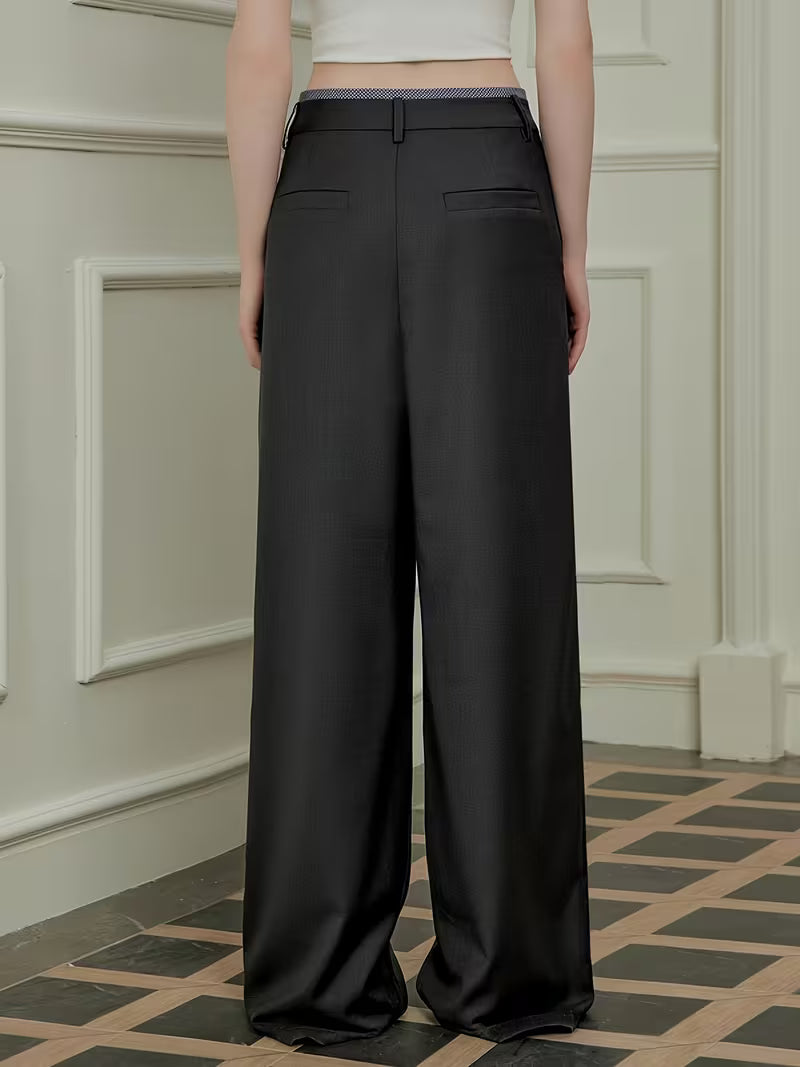 Casual Loose Fit Wide Leg Pants - Black, Button Fly, Pockets, Relaxed Style for Women, Casual Attire|Relaxed Fit Pants|Straight Leg Pants
