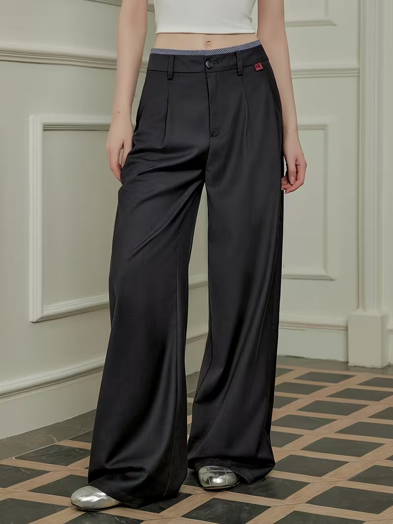 Casual Loose Fit Wide Leg Pants - Black, Button Fly, Pockets, Relaxed Style for Women, Casual Attire|Relaxed Fit Pants|Straight Leg Pants