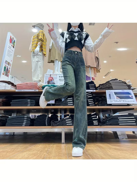 Stretch Retro Blue Jeans Women's Autumn/ Winter 2025 New High-Waist Slim Straight Pants Loose Wide Leg Pants