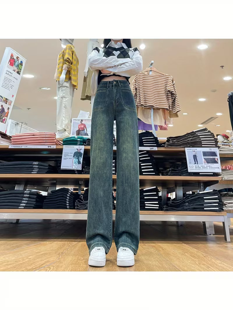 Stretch Retro Blue Jeans Women's Autumn/ Winter 2025 New High-Waist Slim Straight Pants Loose Wide Leg Pants