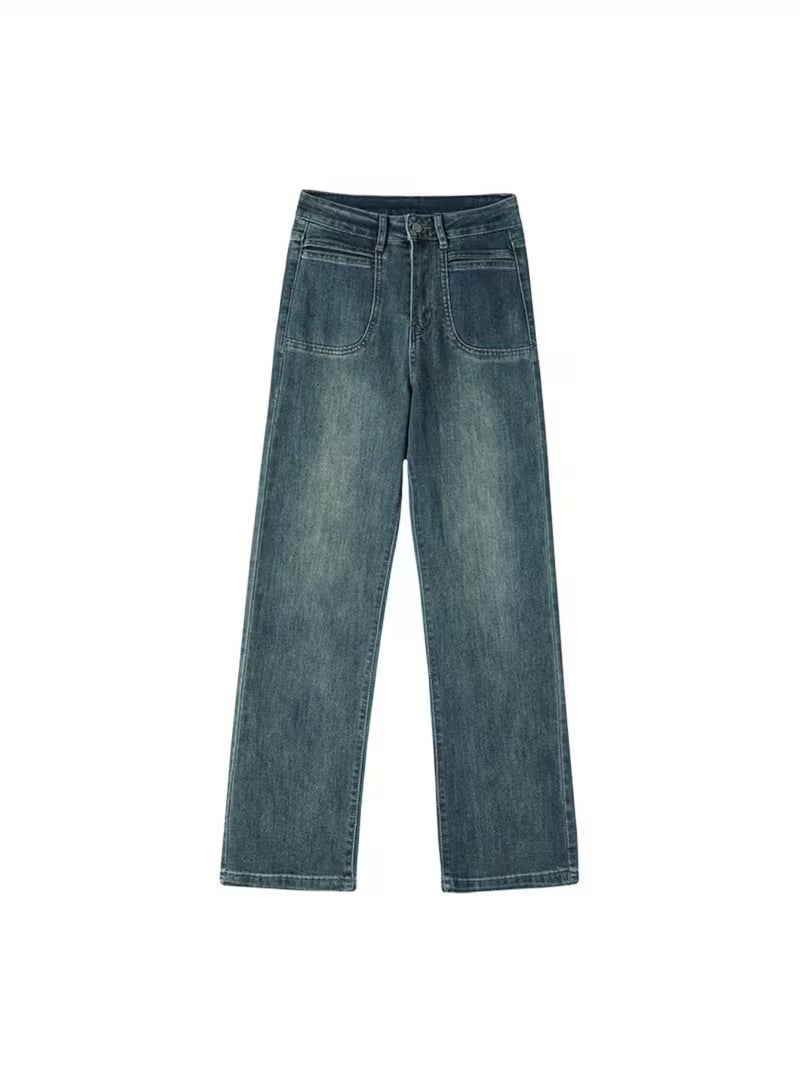 Stretch Retro Blue Jeans Women's Autumn/ Winter 2025 New High-Waist Slim Straight Pants Loose Wide Leg Pants