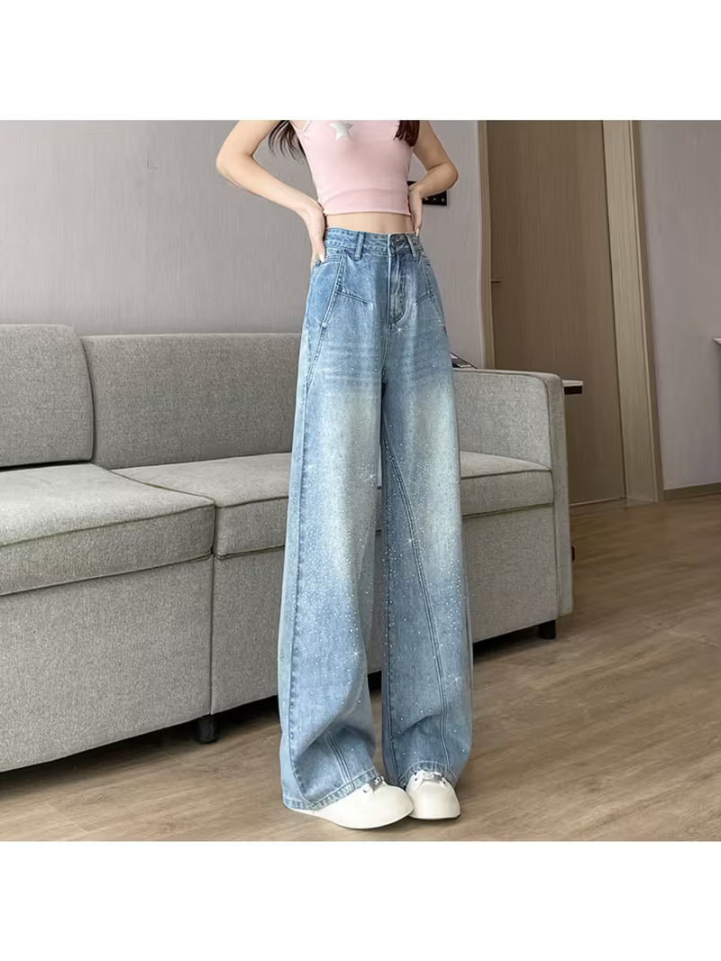 Women's Spring & Summer New Rhinestone-Embellished Jeans, High- Slim-Fit Light-Colored Loose Curved Wide-Leg Trousers