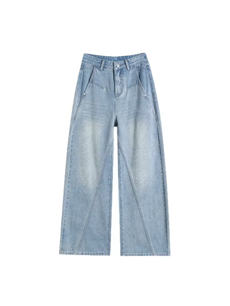 Women's Spring & Summer New Rhinestone-Embellished Jeans, High- Slim-Fit Light-Colored Loose Curved Wide-Leg Trousers