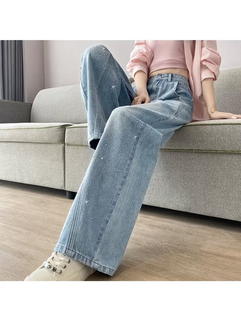 Women's Spring & Summer New Rhinestone-Embellished Jeans, High- Slim-Fit Light-Colored Loose Curved Wide-Leg Trousers