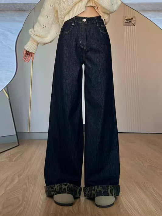 High Waist Wide Leg Jeans - Reversible Cuff Denim Pants with Tummy Control, Belted Straight Leg Trousers Suitable for Mature Style, Machine Washable Raw Denim for Spring/Summer, Loop Closure (No Transparency)