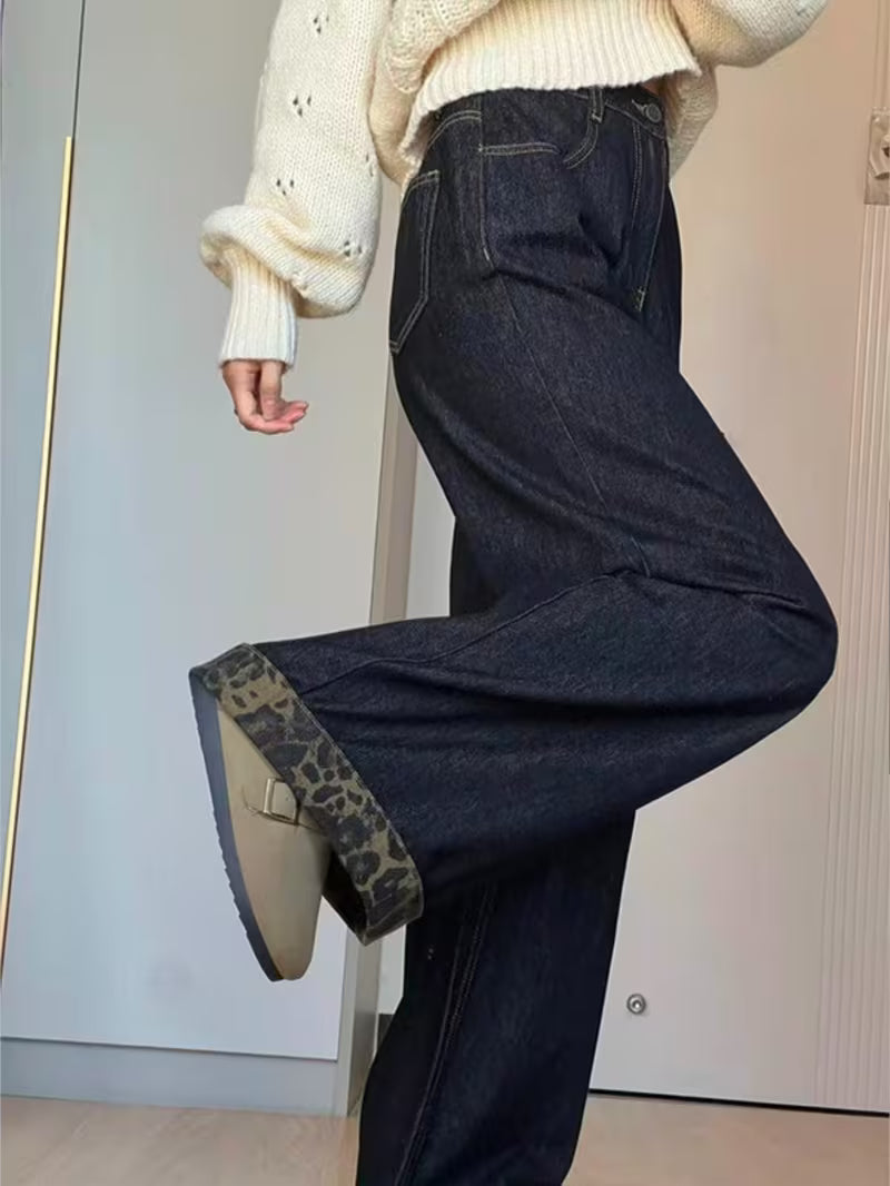 High Waist Wide Leg Jeans - Reversible Cuff Denim Pants with Tummy Control, Belted Straight Leg Trousers Suitable for Mature Style, Machine Washable Raw Denim for Spring/Summer, Loop Closure (No Transparency)