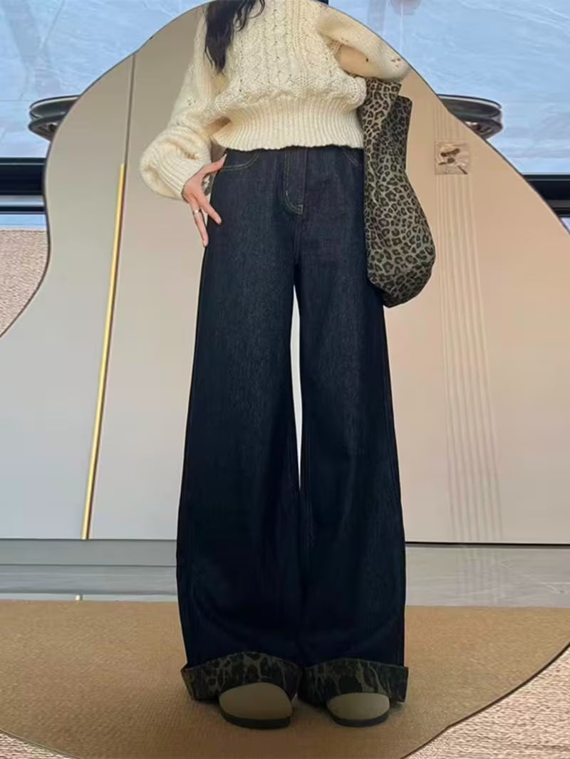 High Waist Wide Leg Jeans - Reversible Cuff Denim Pants with Tummy Control, Belted Straight Leg Trousers Suitable for Mature Style, Machine Washable Raw Denim for Spring/Summer, Loop Closure (No Transparency)