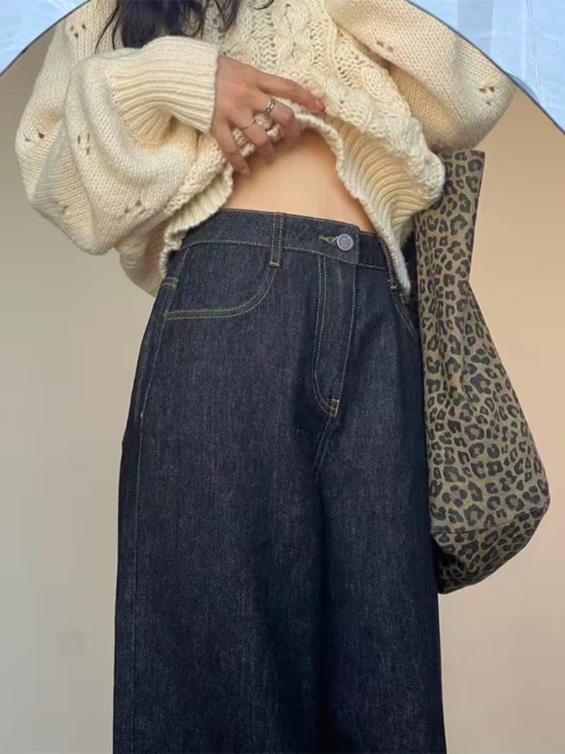 High Waist Wide Leg Jeans - Reversible Cuff Denim Pants with Tummy Control, Belted Straight Leg Trousers Suitable for Mature Style, Machine Washable Raw Denim for Spring/Summer, Loop Closure (No Transparency)