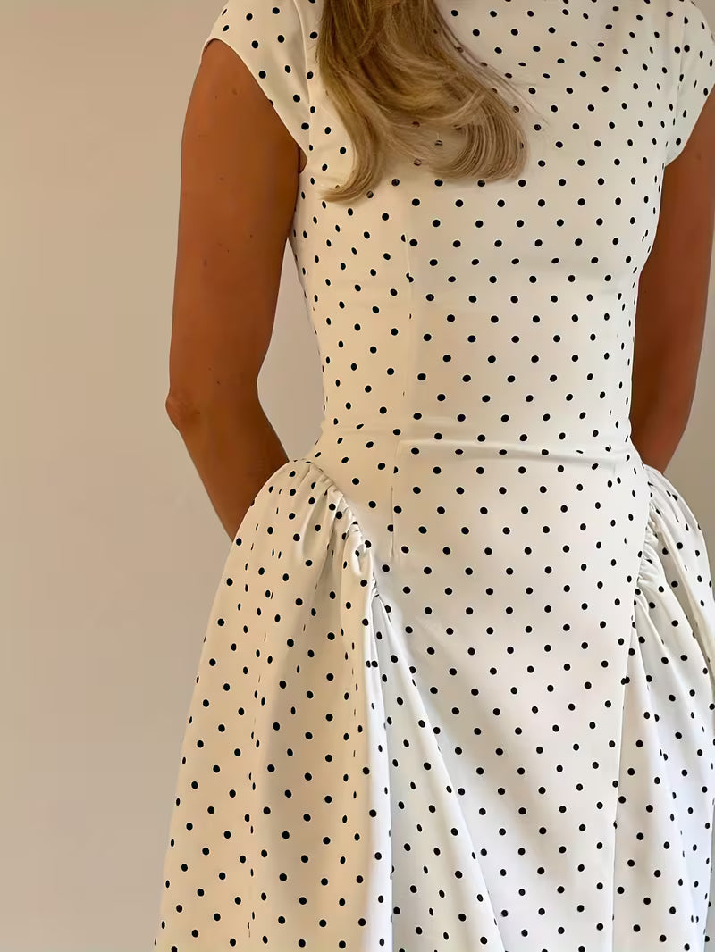 Women's New Polka Dot Long Dress with Round Neck, Waist-Cinching, Street Style, Instagram-Inspired