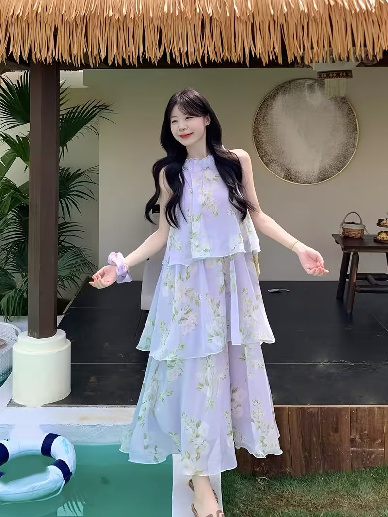 Summer 2026 Women'S Clothing, Elegant Resort Style, -Like Chiffon Cake Dress, Women'S Summer Seaside, Unique And Beautiful Halter Neck, Irregular Layered Dress, Elegant Style, Floral Print, Loose Halter Neck Dress, Women'S Spring