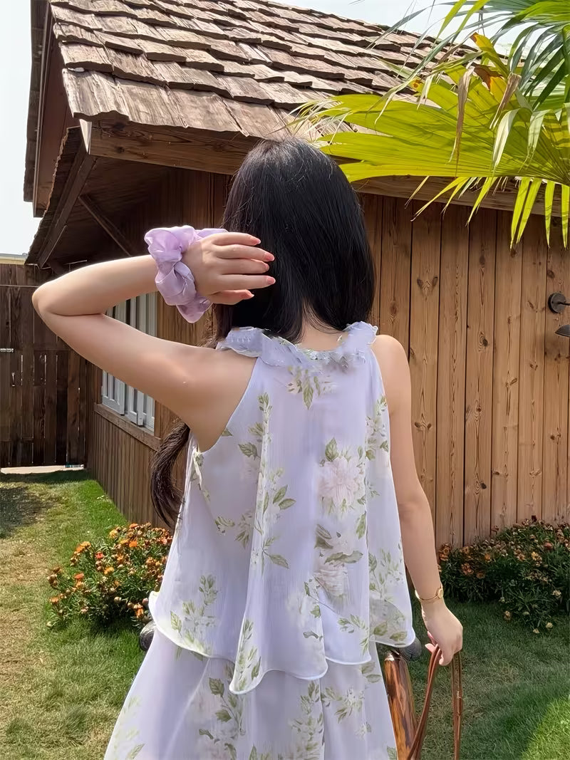 Summer 2026 Women'S Clothing, Elegant Resort Style, -Like Chiffon Cake Dress, Women'S Summer Seaside, Unique And Beautiful Halter Neck, Irregular Layered Dress, Elegant Style, Floral Print, Loose Halter Neck Dress, Women'S Spring