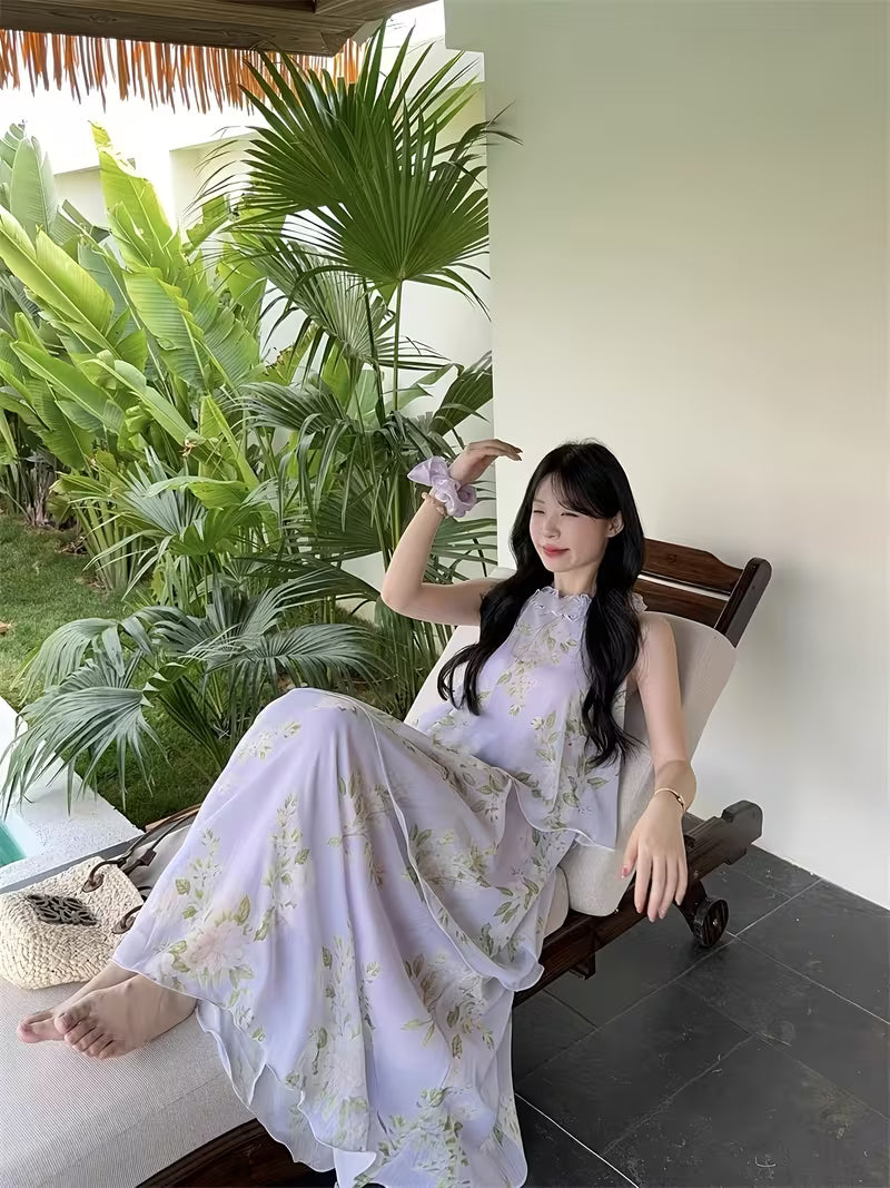 Summer 2026 Women'S Clothing, Elegant Resort Style, -Like Chiffon Cake Dress, Women'S Summer Seaside, Unique And Beautiful Halter Neck, Irregular Layered Dress, Elegant Style, Floral Print, Loose Halter Neck Dress, Women'S Spring